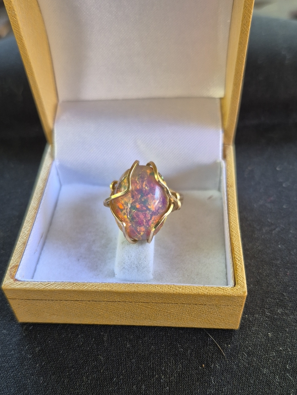 Gold filled wire wrapped Pink Opal Glass, Cabochon Ring.